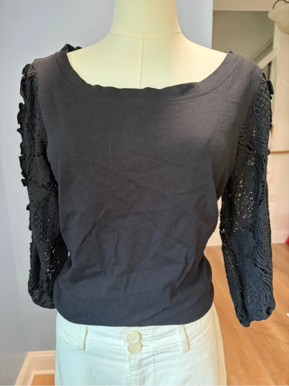 Anthropologie Deletta Black Lace Sleeve Tie Back 100% Cotton Top Medium Boho
